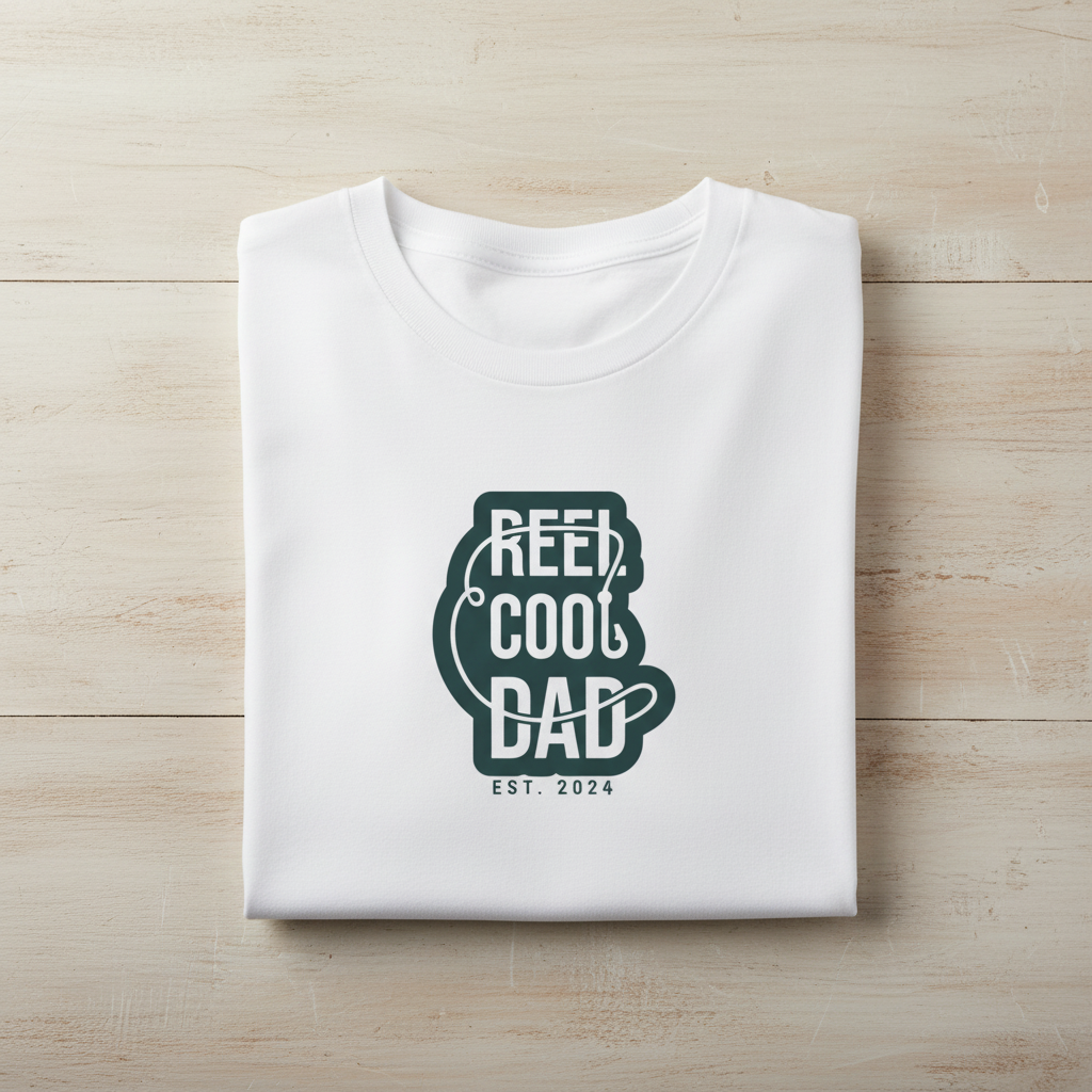 White crewneck graphic T-shirt with green 'REEL COOL DAD' logo, EST 2024