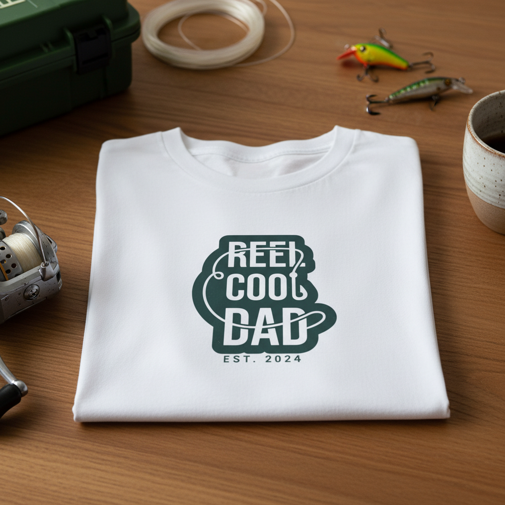 Folded white crewneck graphic T-shirt with green 'REEL COOL DAD' logo, EST 2024