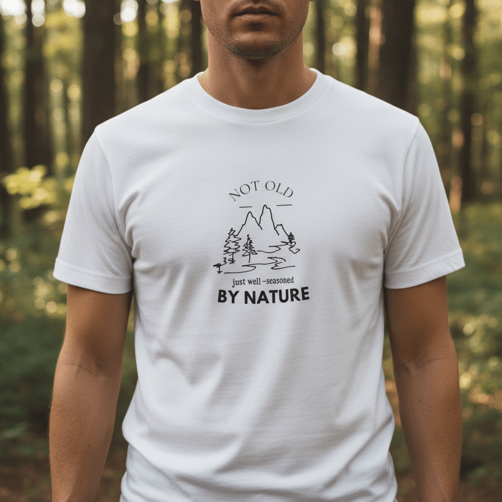 White graphic T-shirt with mountain, trees, and “BY NATURE” logo print on chest