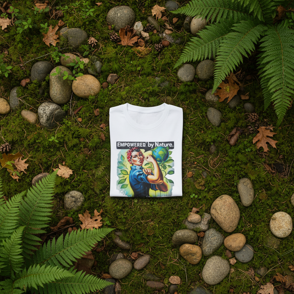 White T-shirt with Empowered by Nature text and illustrated woman graphic