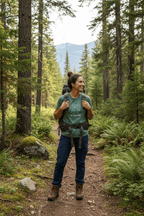 Forest green graphic T-shirt with mountain and trees logo, worn outdoors on a trail