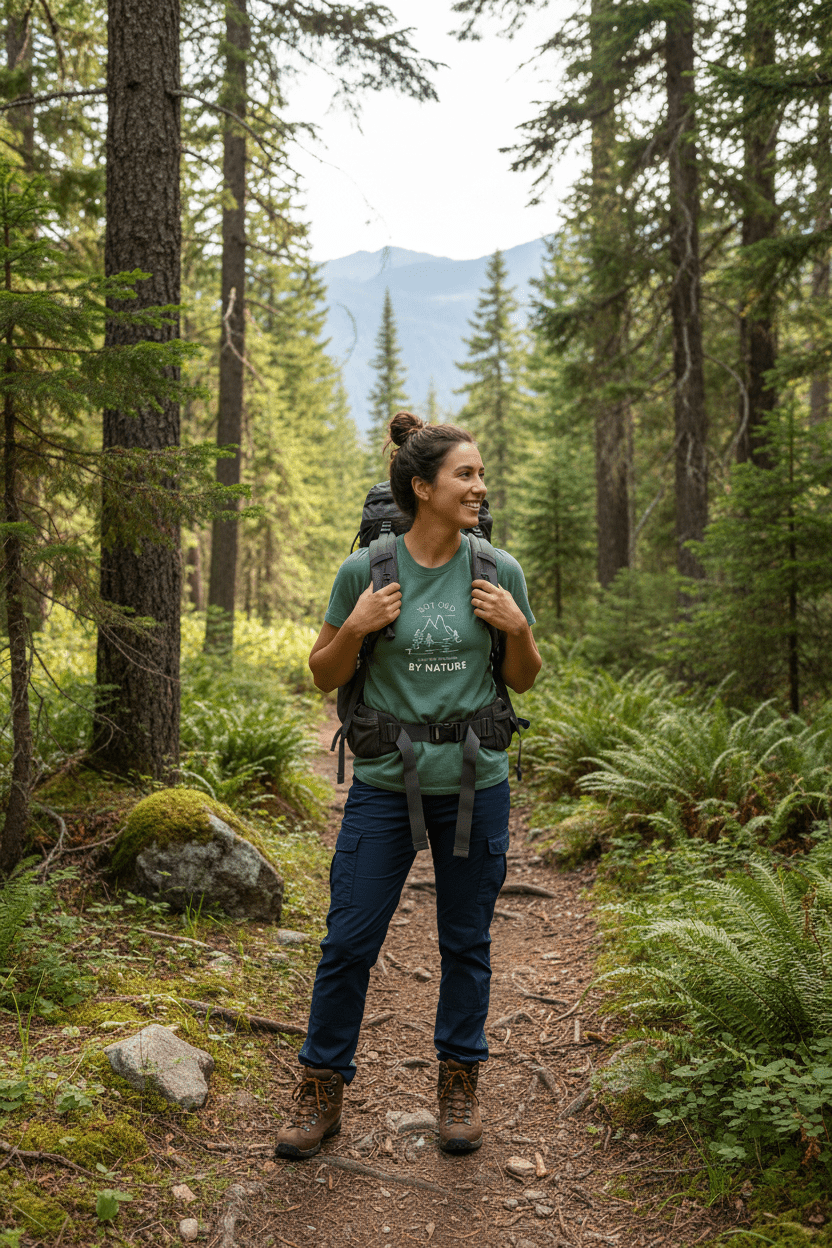 Forest green graphic T-shirt with mountain and trees logo, worn outdoors on a trail
