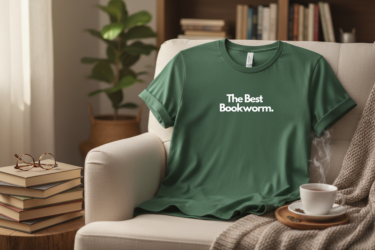 Green unisex T-shirt with front text “The Best Bookworm.”