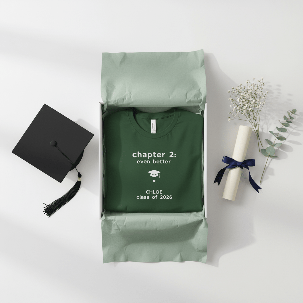 Black personalised graduation t-shirt lying on grass with “chapter 2: even better” and “EMILY class of 2026”