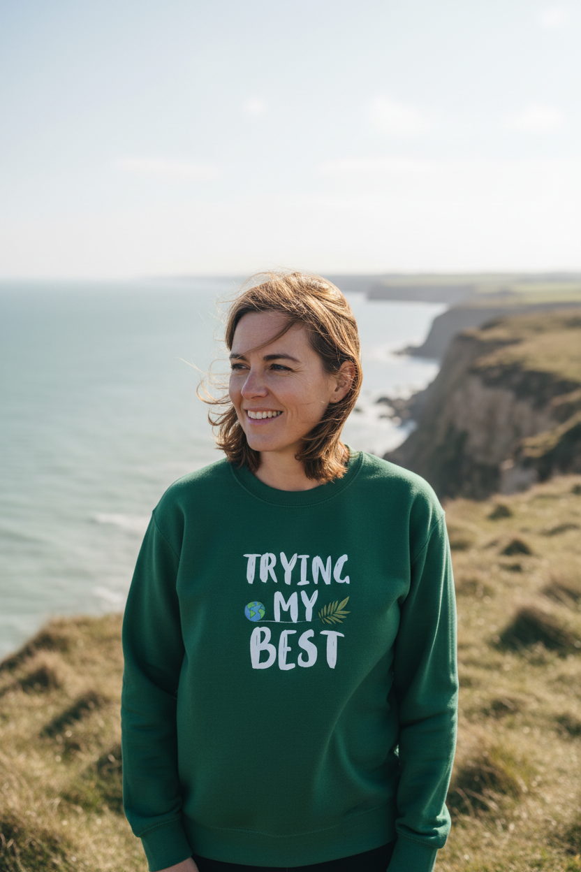 Dark green sweatshirt with “TRYING MY BEST” quote print on the chest.