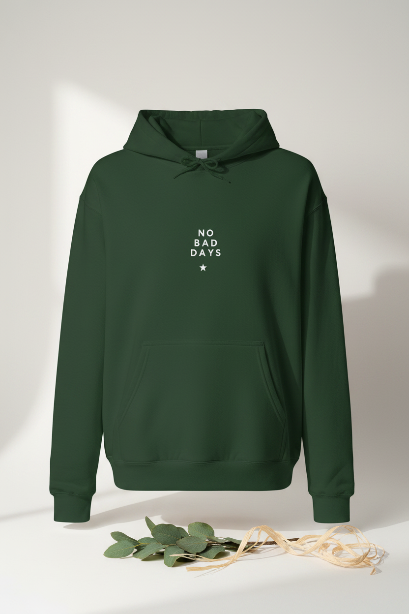 Hooded sweatshirt in forest green with drawstring hood and front pocket