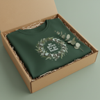 Forest green unisex eco T-shirt in box with leaf wreath 'go green or go home' graphic