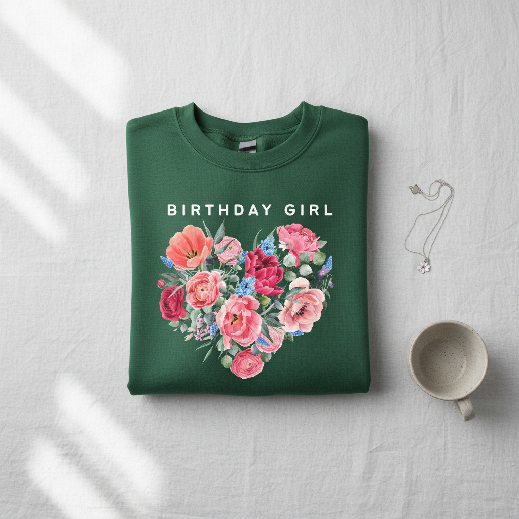 Forest green sweatshirt with “BIRTHDAY GIRL” text and floral heart graphic