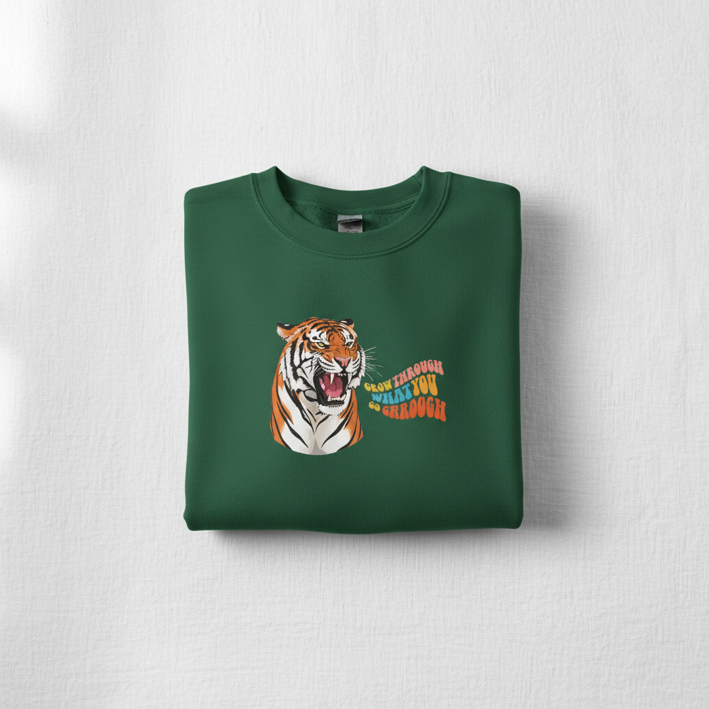 Forest green sweatshirt with tiger graphic and orange multicolor “grow through” text