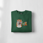 Forest green sweatshirt with tiger graphic and orange multicolor “grow through” text