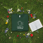 Unisex T-shirt in dark green with unplug to recharge phone graphic