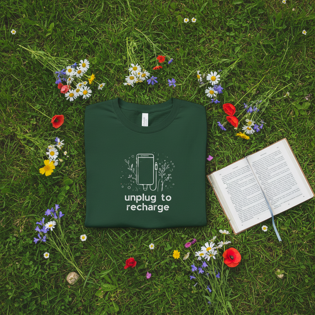 Unisex T-shirt in dark green with unplug to recharge phone graphic