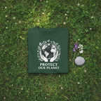 Forest green T-shirt with globe-and-laurel 'Protect Our Planet' graphic