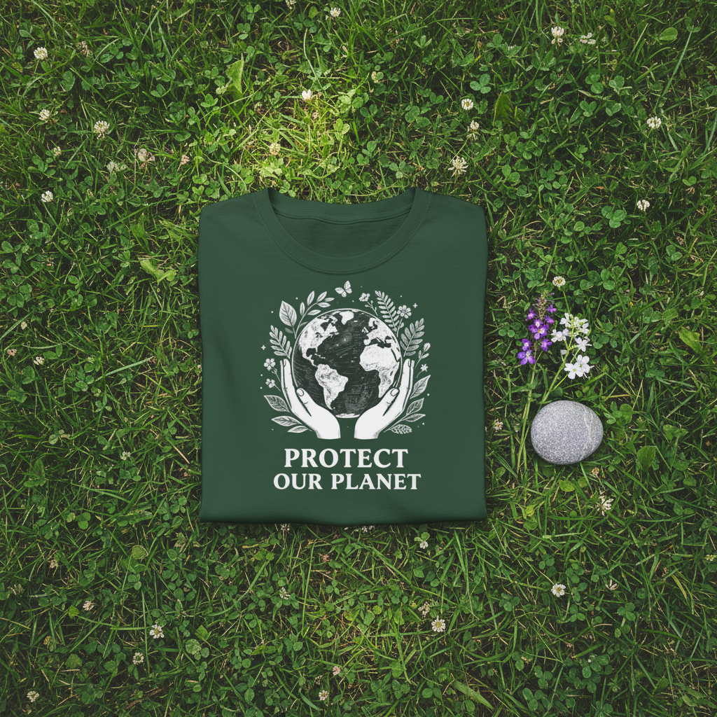 Forest green T-shirt with globe-and-laurel 'Protect Our Planet' graphic