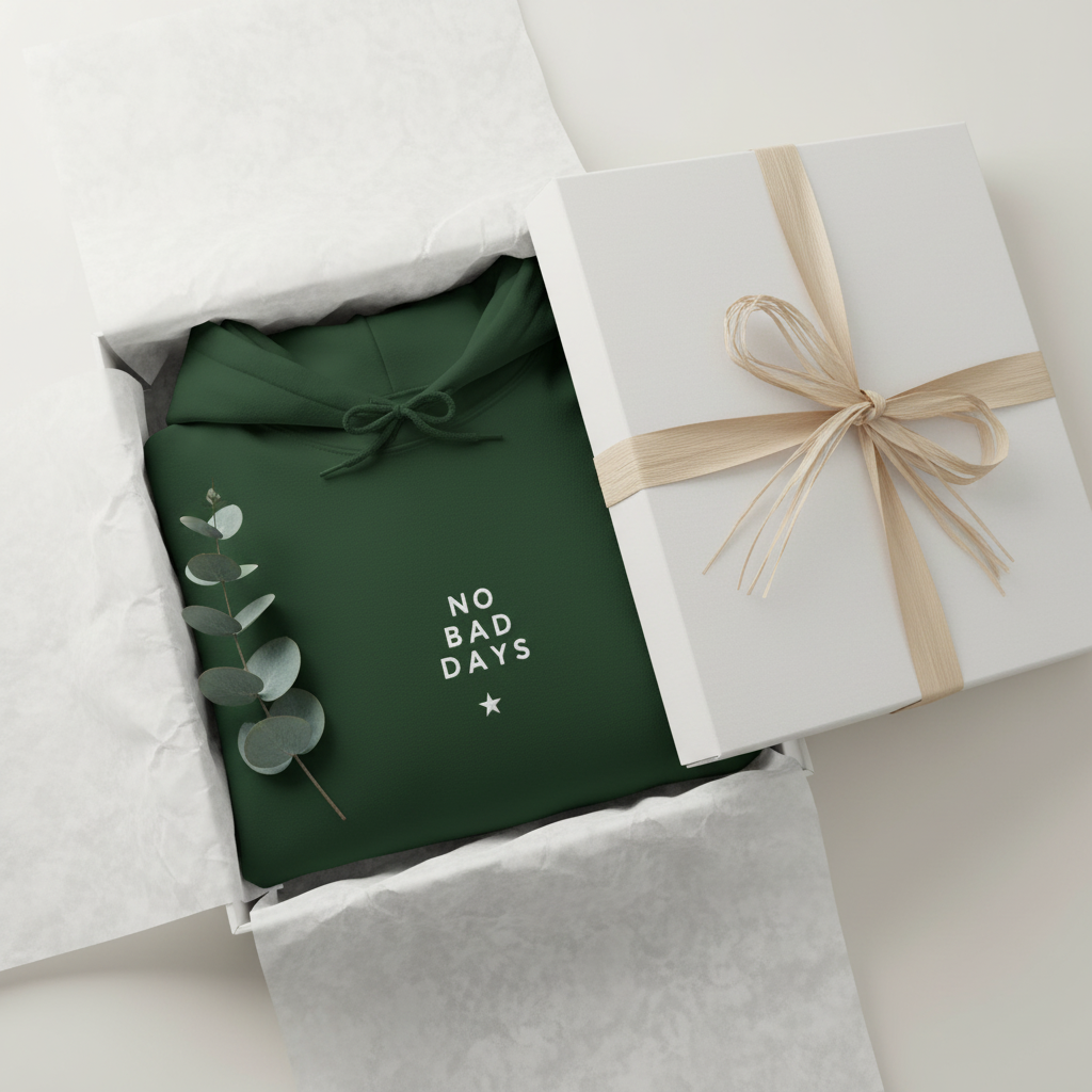 Forest green hooded sweatshirt tied with bow and graphic on the chest