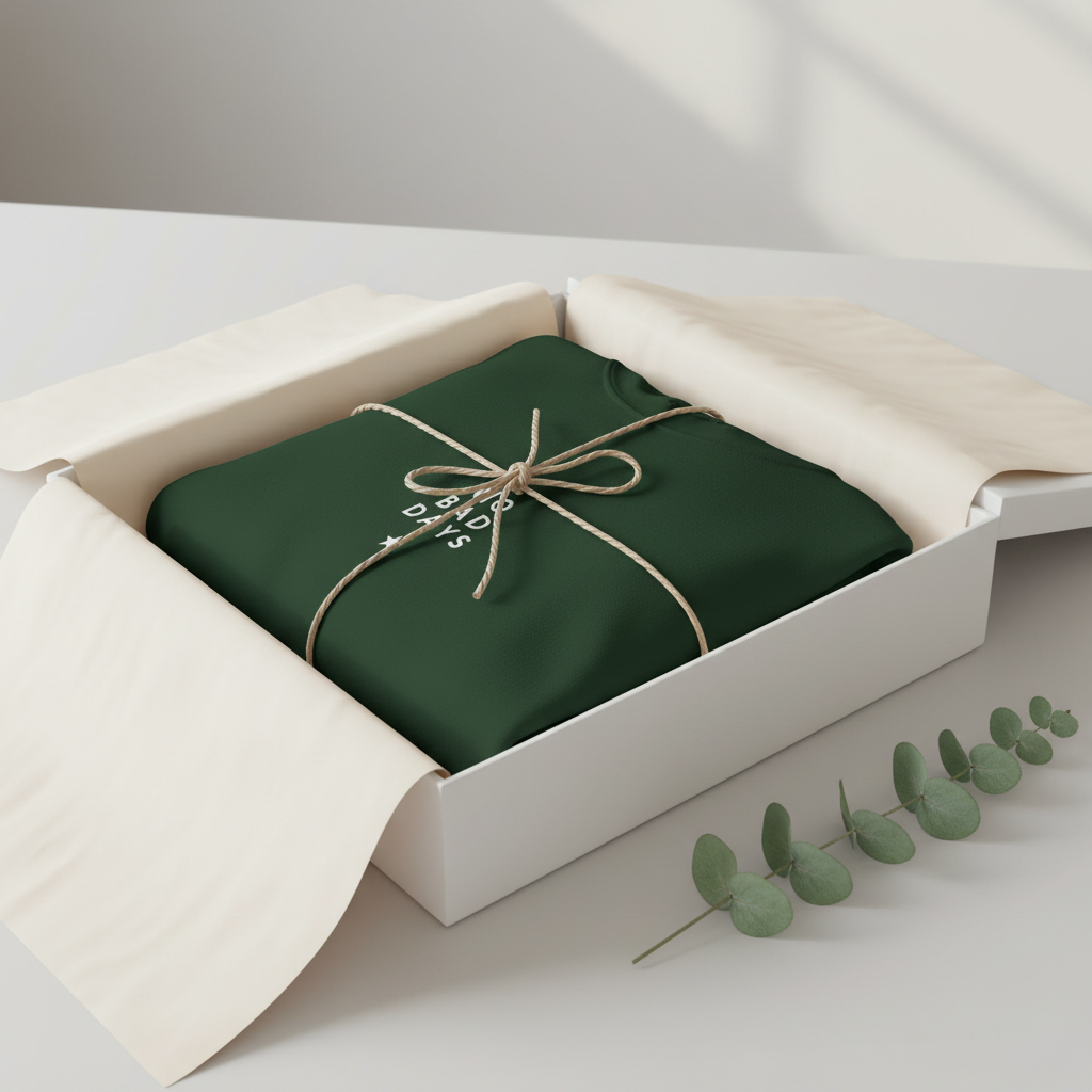 Forest green hooded sweatshirt folded in a gift box with drawstring hood