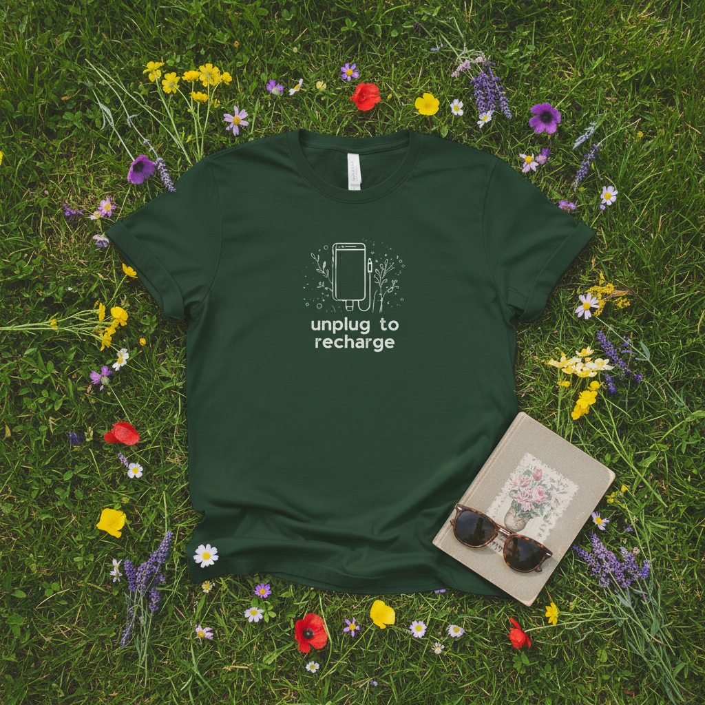 Forest green unisex T-shirt with 'unplug to recharge' phone and floral graphic