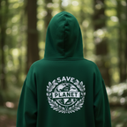 Forest green hooded sweatshirt with SAVE THE PLANET wreath graphic on back
