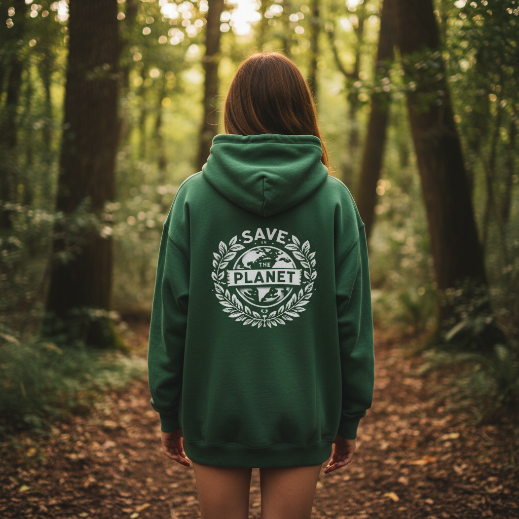 Green hooded sweatshirt with centered back “Save the Planet” emblem