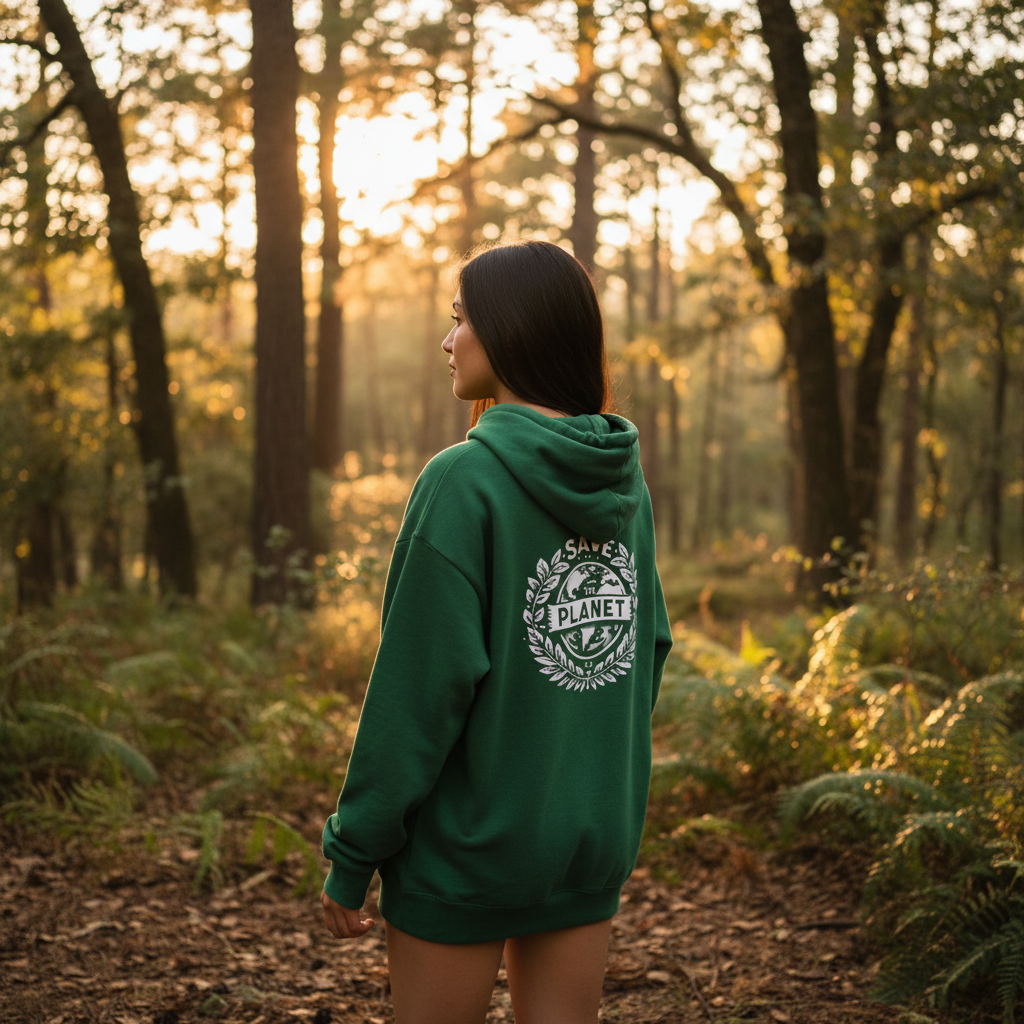 Forest green hooded sweatshirt with back “Save the Planet” logo