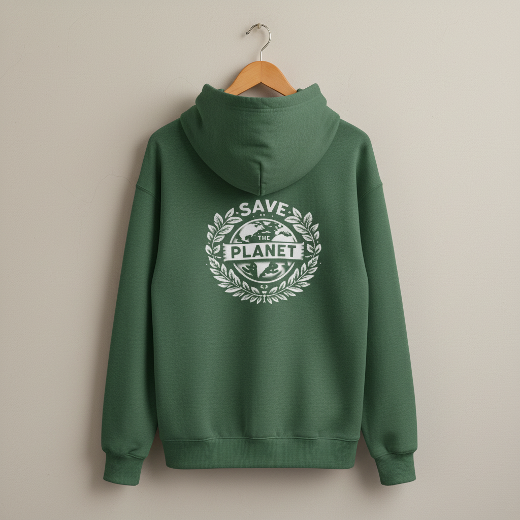Forest green hooded sweatshirt with “Save the Planet” logo on the chest