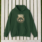Unisex forest green hoodie with front 'Plant More Trees' graphic and kangaroo pocket