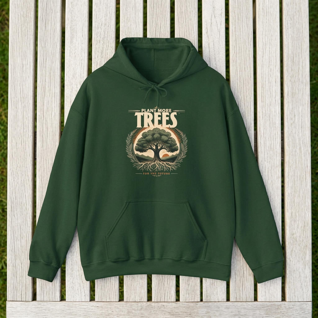 Unisex forest green hoodie with front 'Plant More Trees' graphic and kangaroo pocket
