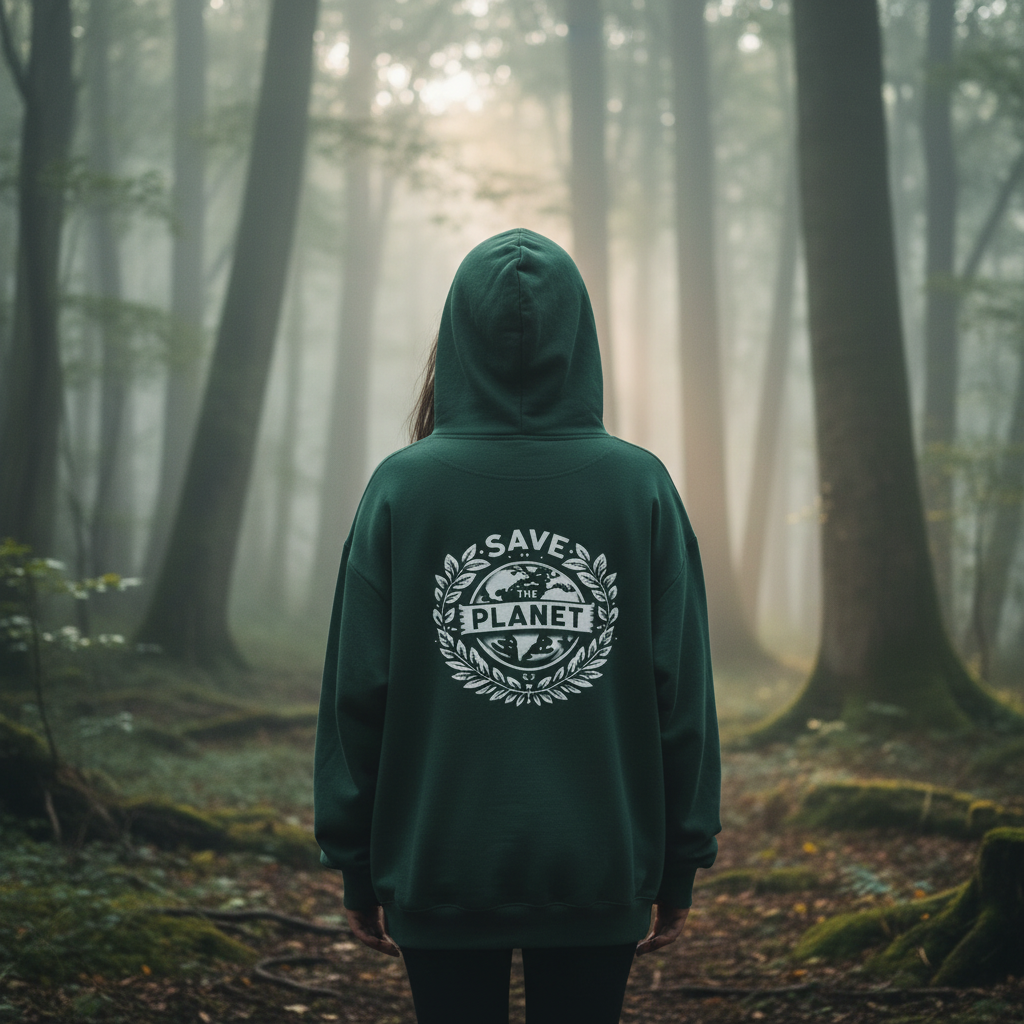 Forest green hooded sweatshirt with Save the Planet back emblem and kangaroo pocket