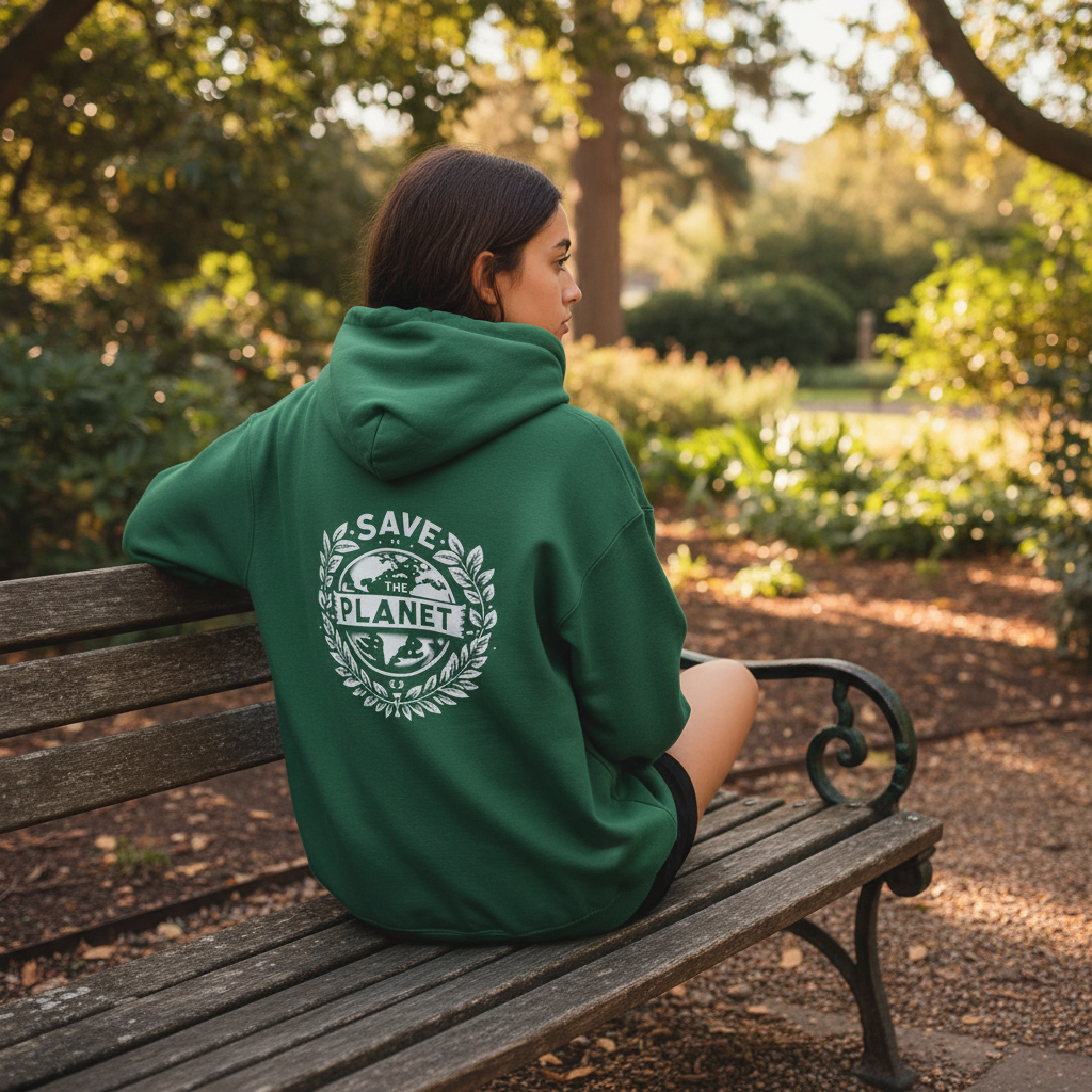 Green hooded sweatshirt with back “Save the Planet” emblem