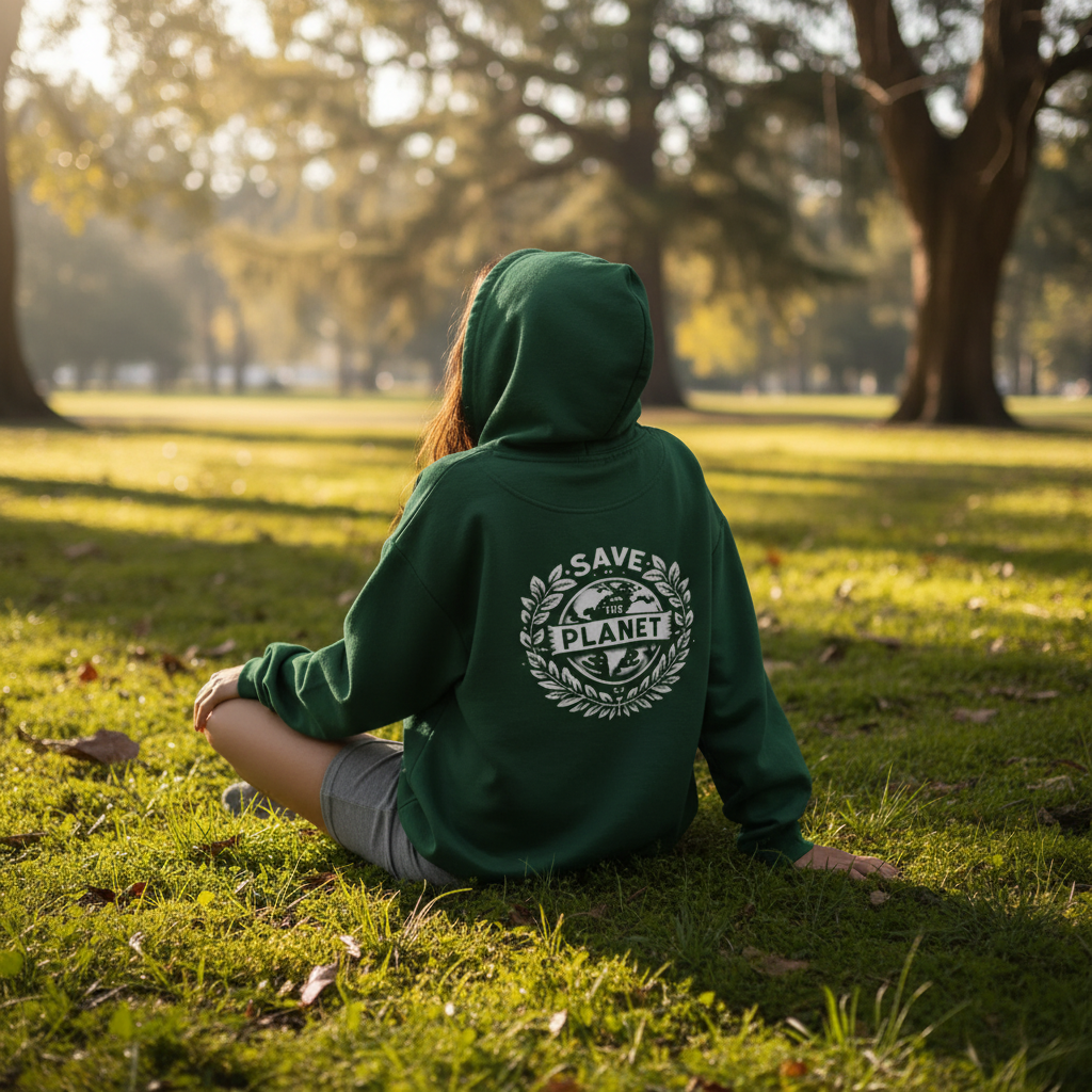 Green hooded sweatshirt with back “Save the Planet” emblem and hood