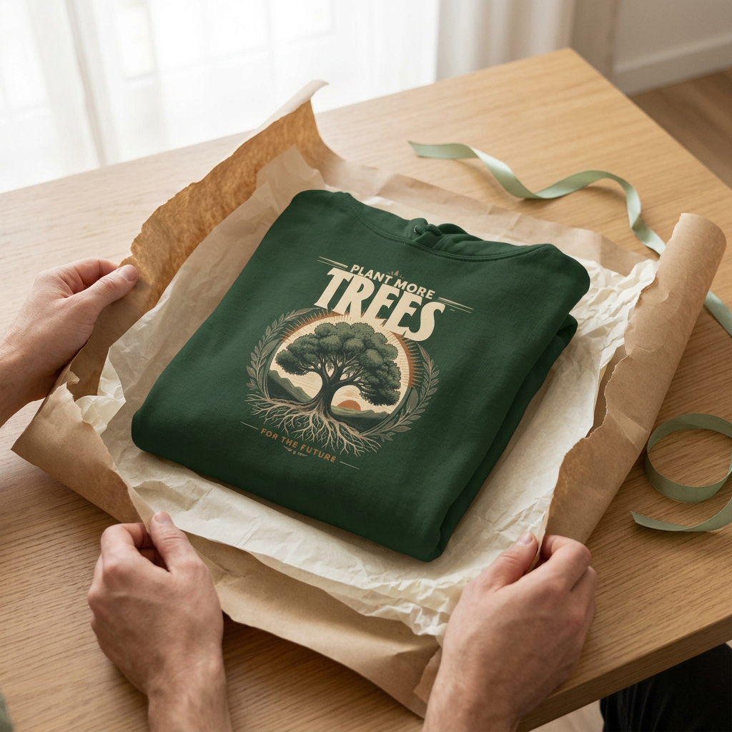 Forest green unisex hoodie with “Plant More Trees” chest graphic and front pocket
