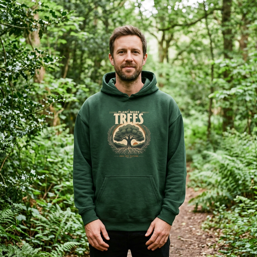 Forest green unisex hoodie worn outdoors, with front pocket and “Plant More Trees” logo
