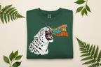 Forest green sweatshirt with leopard graphic featuring an animal face.