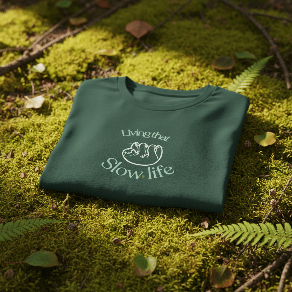 Deep green folded graphic T-shirt with “Slow life” text and cat icon