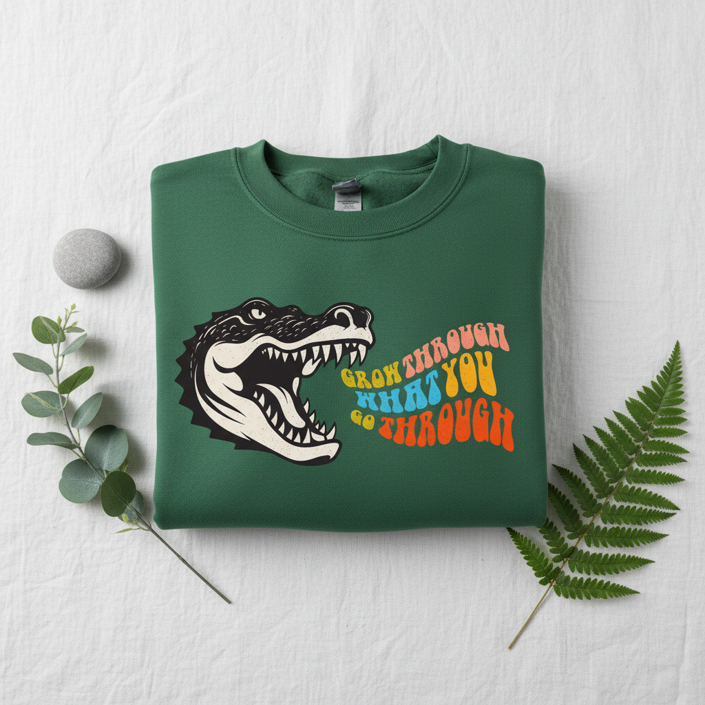 Forest green sweatshirt with crocodile graphic and orange multicolor “grow through” text