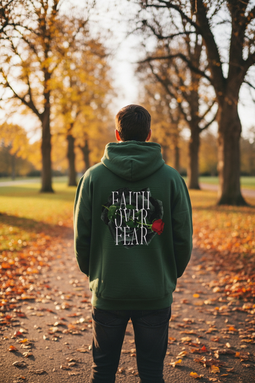 Forest green unisex hoodie with hood, front pocket, and Faith over Fear rose back graphic