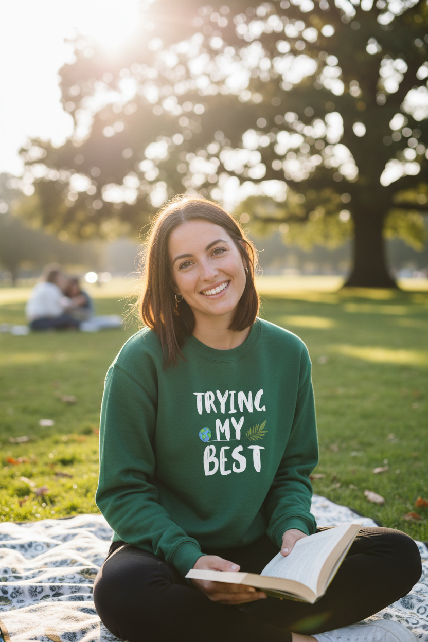Green sweatshirt with “TRYING MY BEST” quote print on the chest.