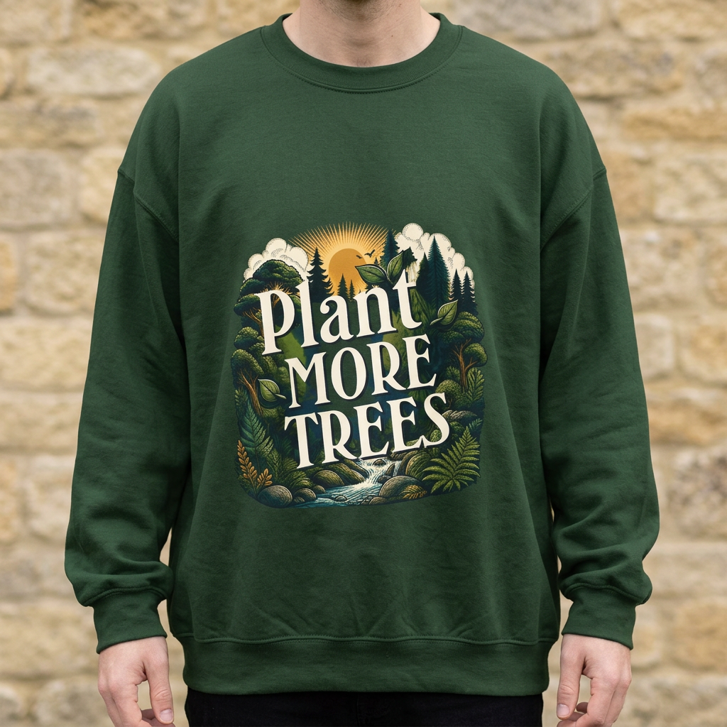Forest green unisex sweatshirt with “Plant More Trees” graphic on the chest.