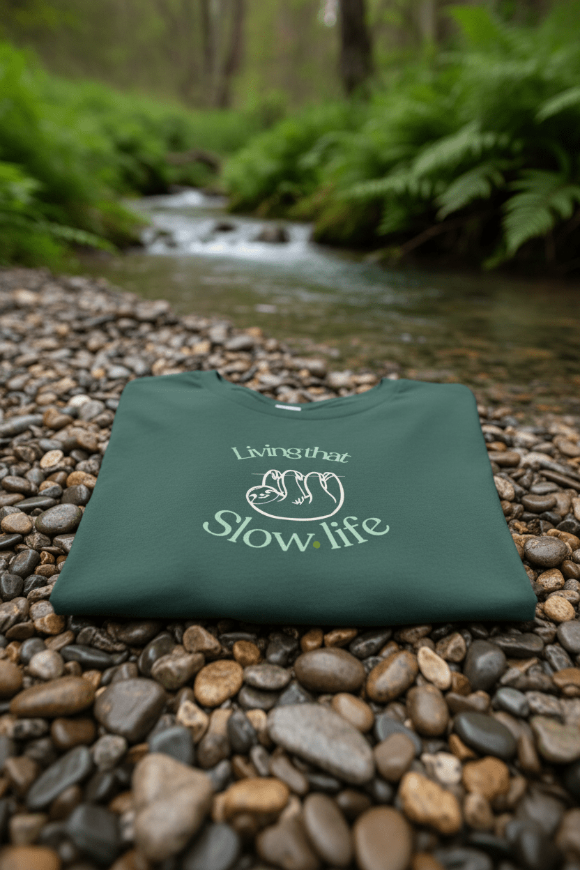 Dark green graphic T-shirt with cat-and-dog “Slow life” text on stones