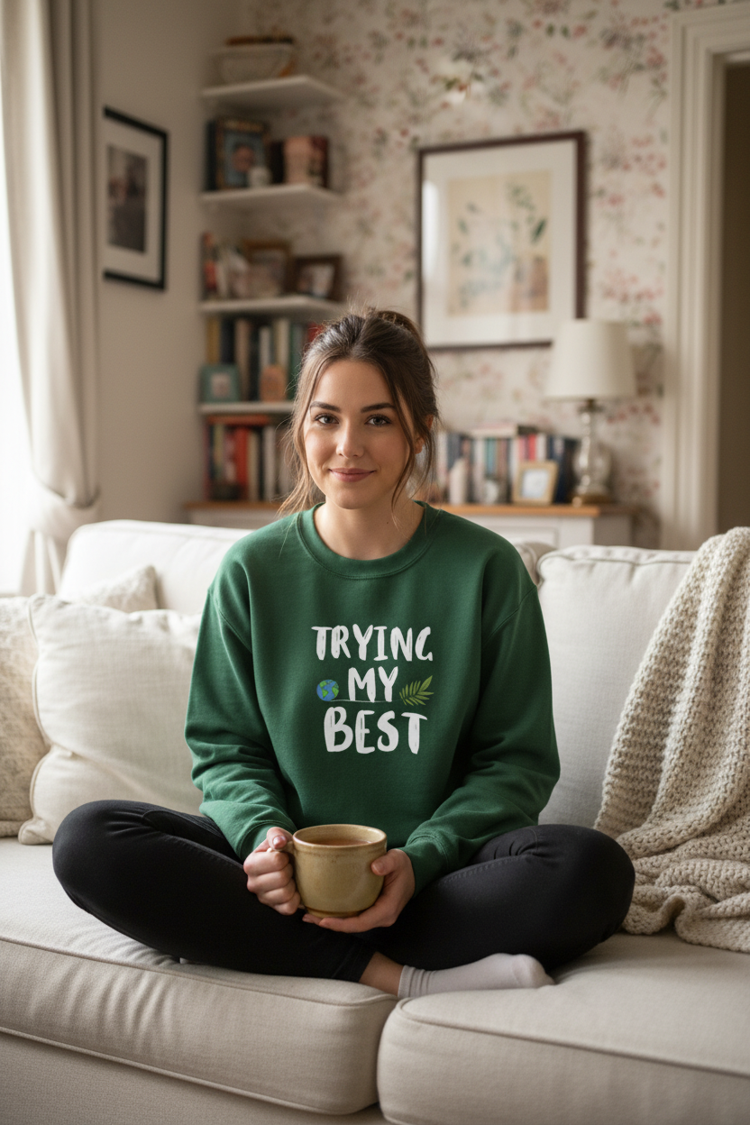 Forest green sweatshirt worn by seated woman, 'TRYING MY BEST' quote on front