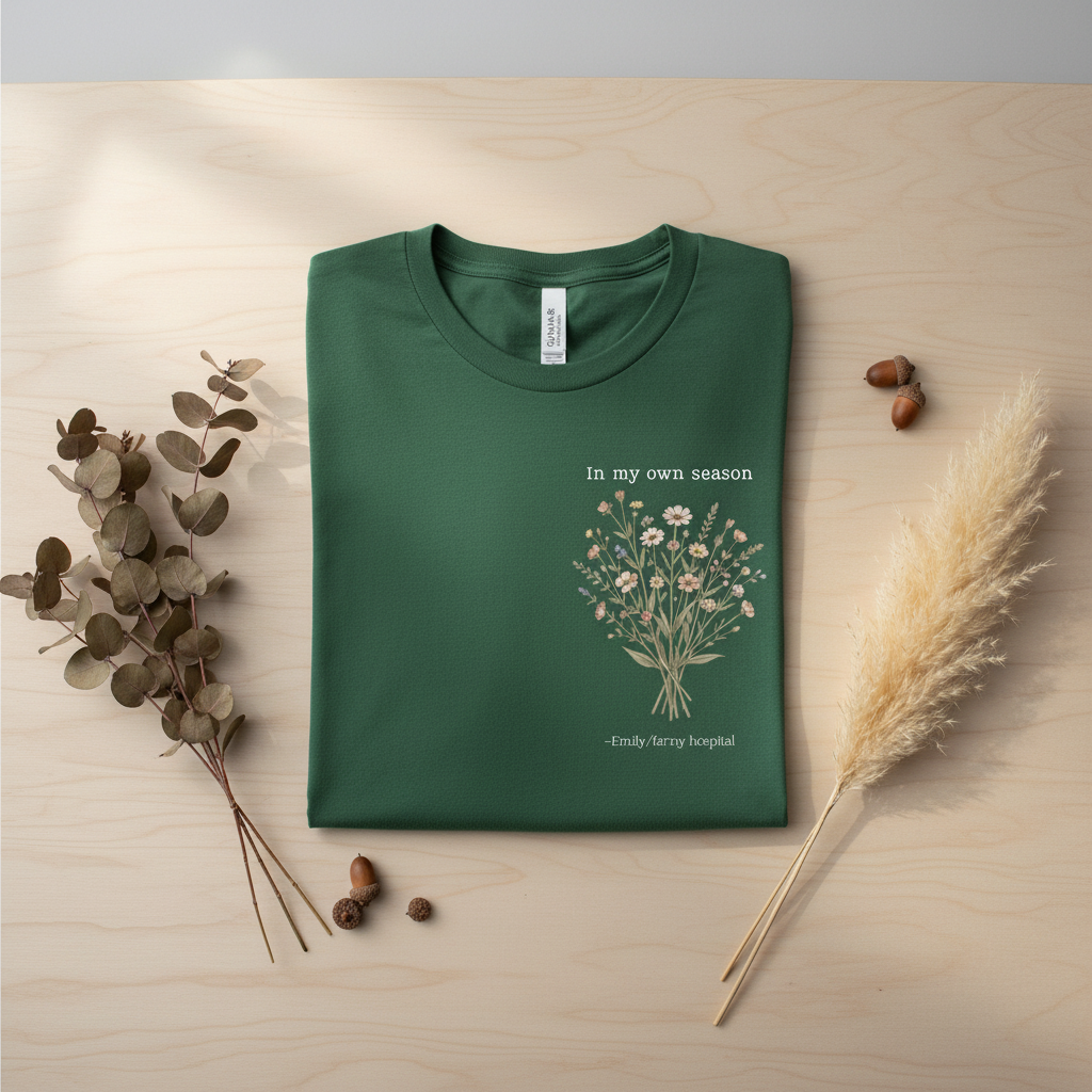 Personalised forest green t-shirt with small floral tree graphic and "In my own season" text