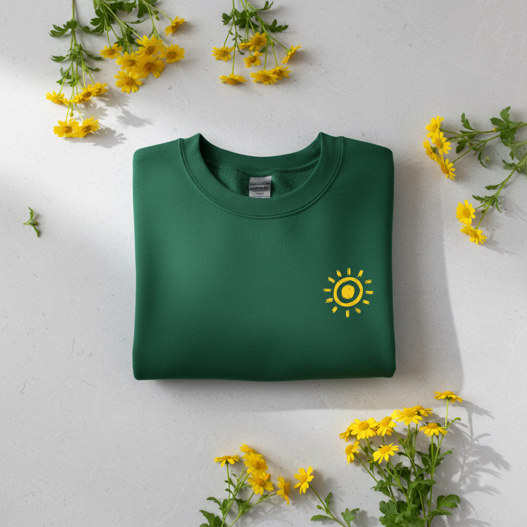 Forest green sweatshirt with small sun graphic on the front