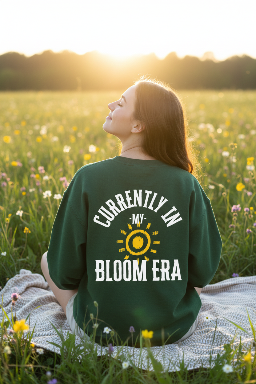 Dark green sweatshirt back print with sun and “BLOOM ERA” text