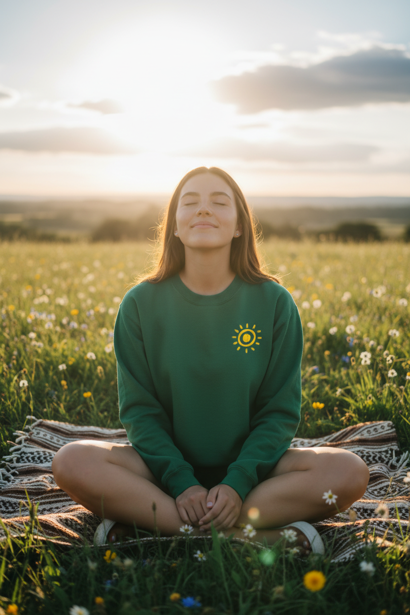 Dark green crewneck sweatshirt with a yellow sun icon on the chest