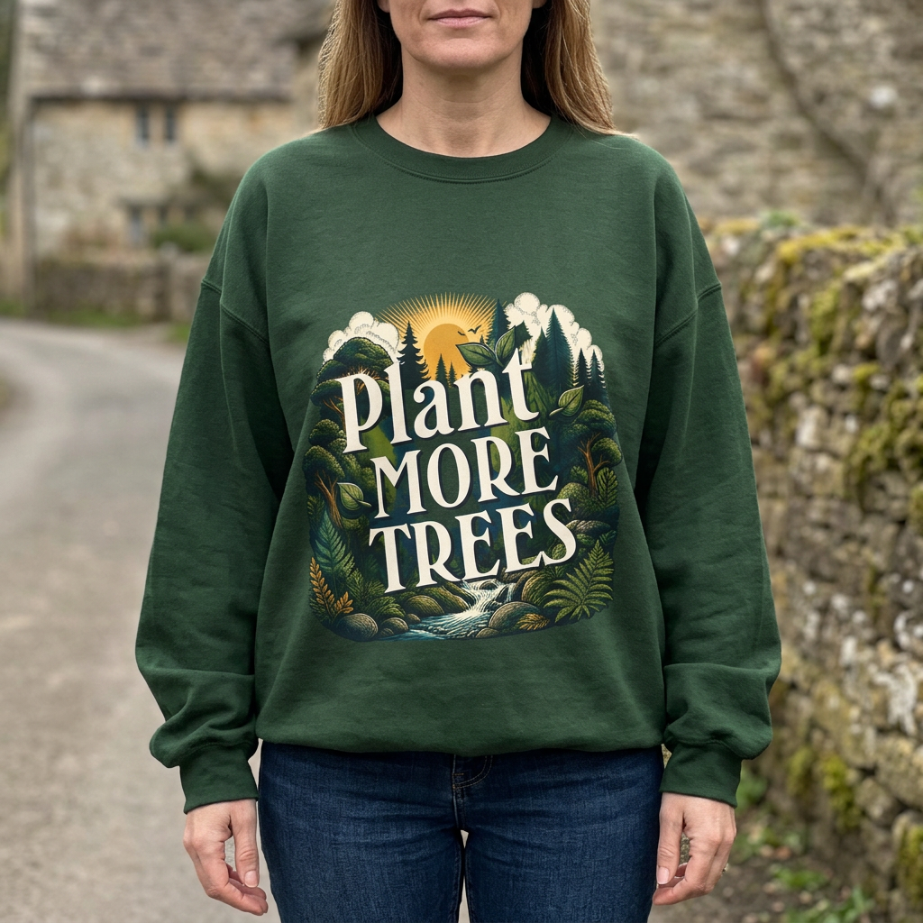 Green crewneck sweatshirt with tree and forest graphic on front