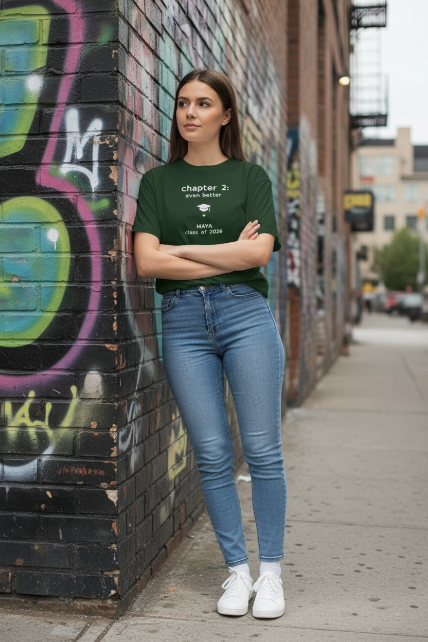 Forest green tee — Maya graffiti wall