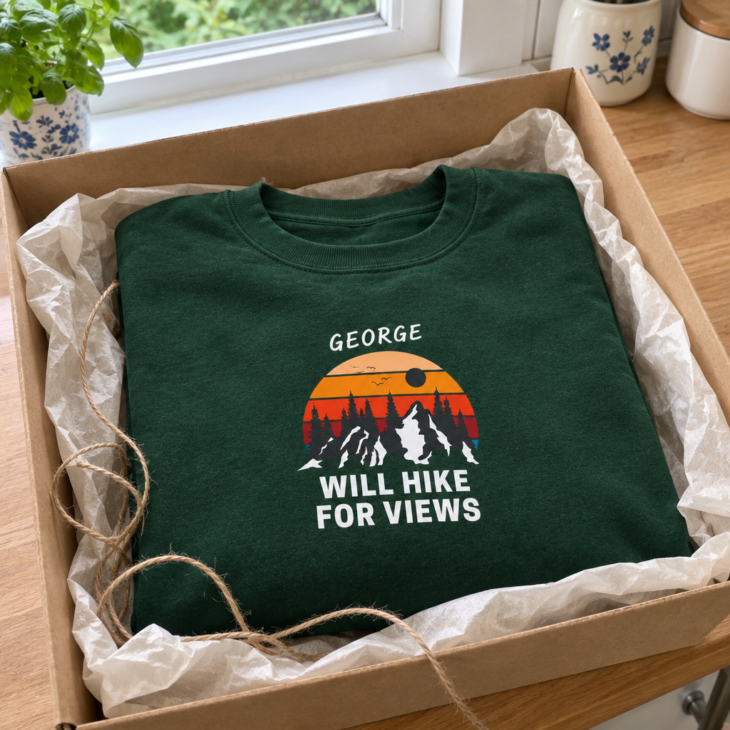 Forest-green Will Hike for Views sweatshirt gift mockup with George