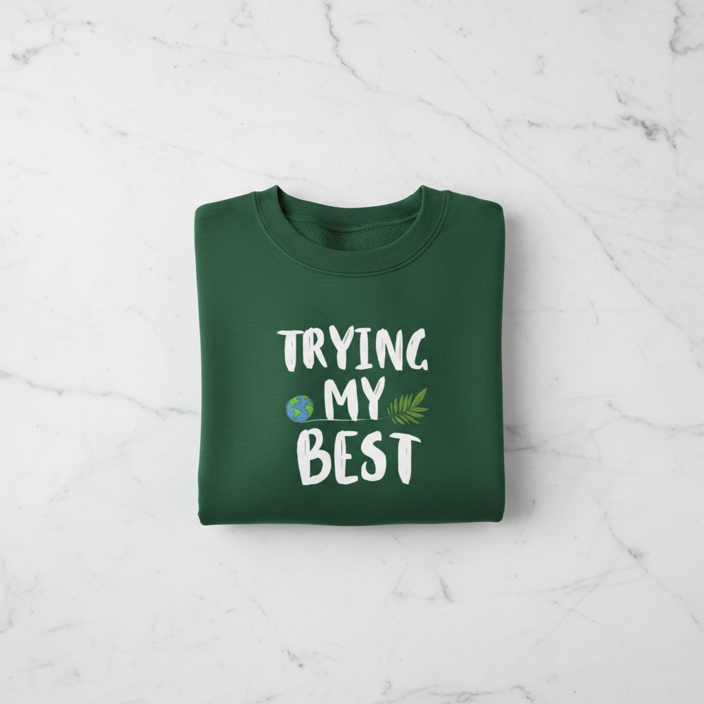 Forest green sweatshirt with 'TRYING MY BEST' quote and globe with leaves graphic