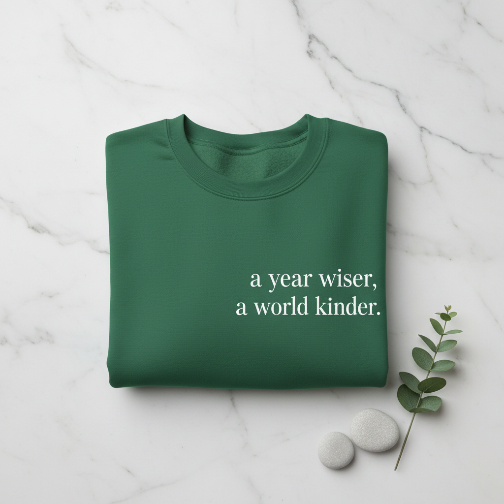 Green sweatshirt with “a year wiser, a world kinder.” text printed on the front.