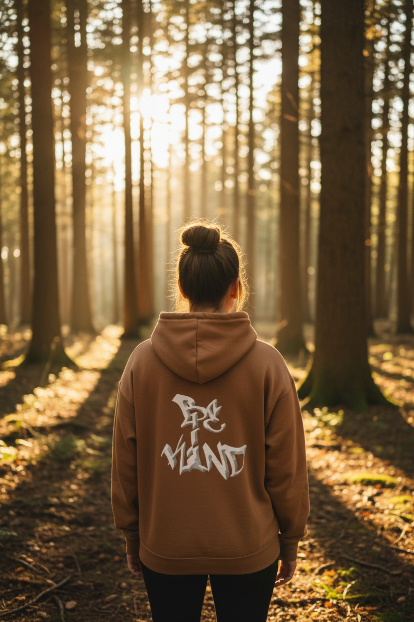 Tan unisex hoodie with hood up, back graphic print, kangaroo pocket